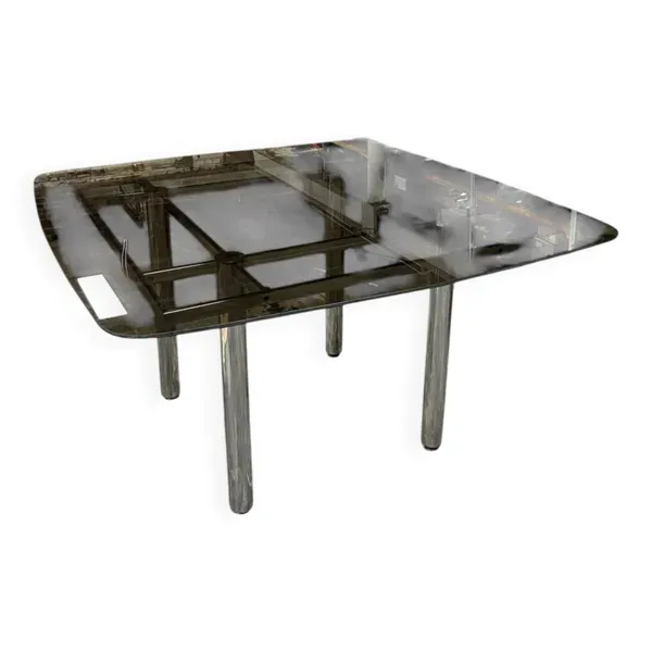 Table design vintage verre fumé & chrome – années 70