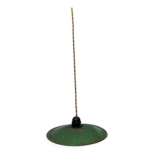 Suspension tôle émaillée verte et blanche ancienne