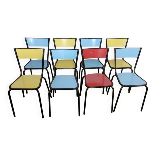 8 chaises de cantine formica rouge jaune bleu tubulure métal années 50-60