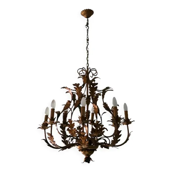 Lustre à 8 lumières en tôle dorée par Hans Kögl, années 1960