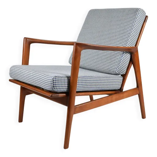 Fauteuil scandinave original Stefan, entièrement restauré, icône des années 1960, pied de poule