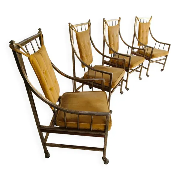 Ensemble unique de chaises de salle à manger et de salon de style milieu du siècle – dorées, fabriquées entre 1940 et 1948 par Flanders Industries Inc, Fort Smith, Arkansas