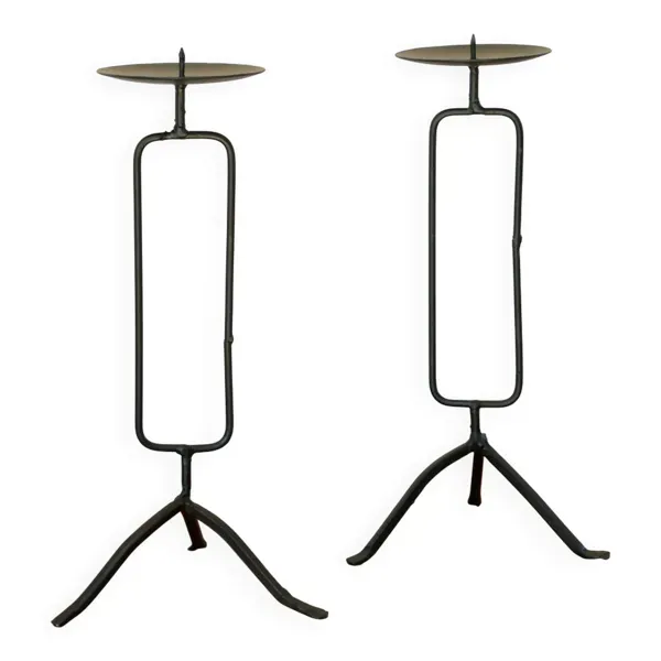 Paire de chandeliers tripodes en fer Noir, Brutaliste, 1970 - 30 cm