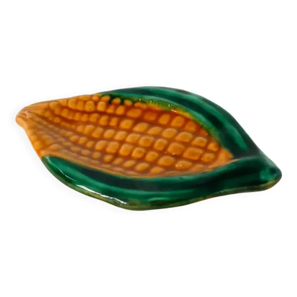 Vide-poche en barbotine, modèle Maïs, jaune et vert, signé Vallauris, 1970