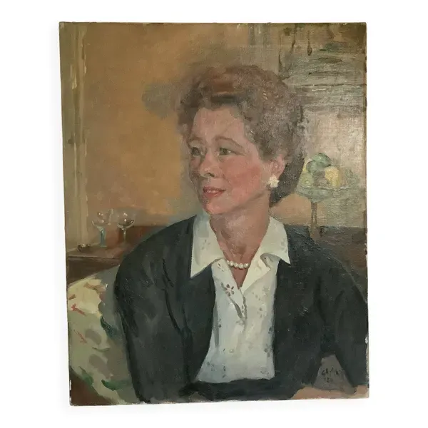 Grand tableau portrait de femme huile sur toile signée