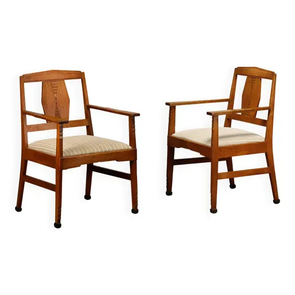 Chaises Art Déco de l'École d'Amsterdam en chêne massif et tissu rayé
