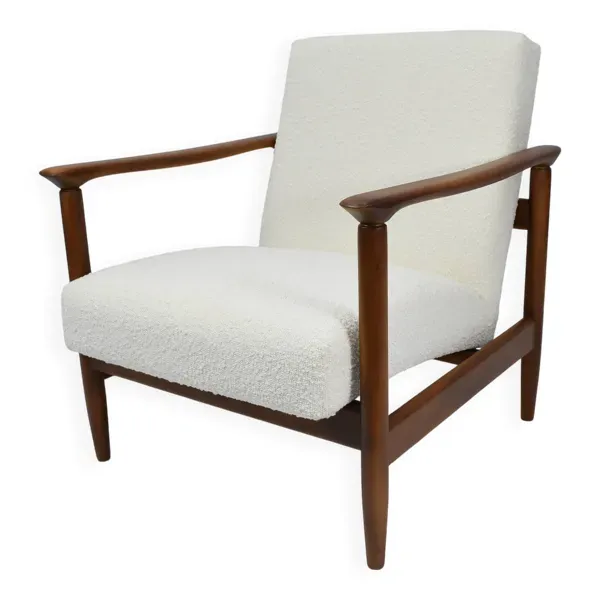 Fauteuil vintage original, années 1960, designer E.Homma, restauré, bouclé blanc