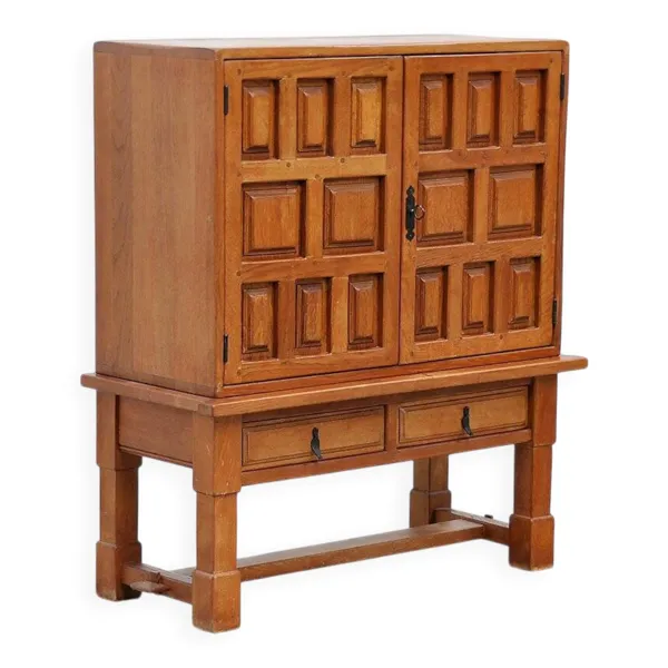 Cabinet en chêne espagnol brutaliste avec quincaillerie en fer forgé, années 1940