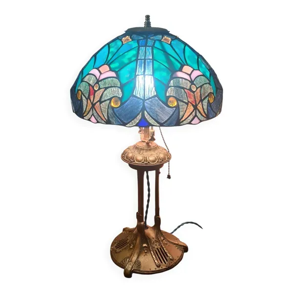 Lampe ancienne regule patiné bronze art nouveau  abat jour verre vitrail
