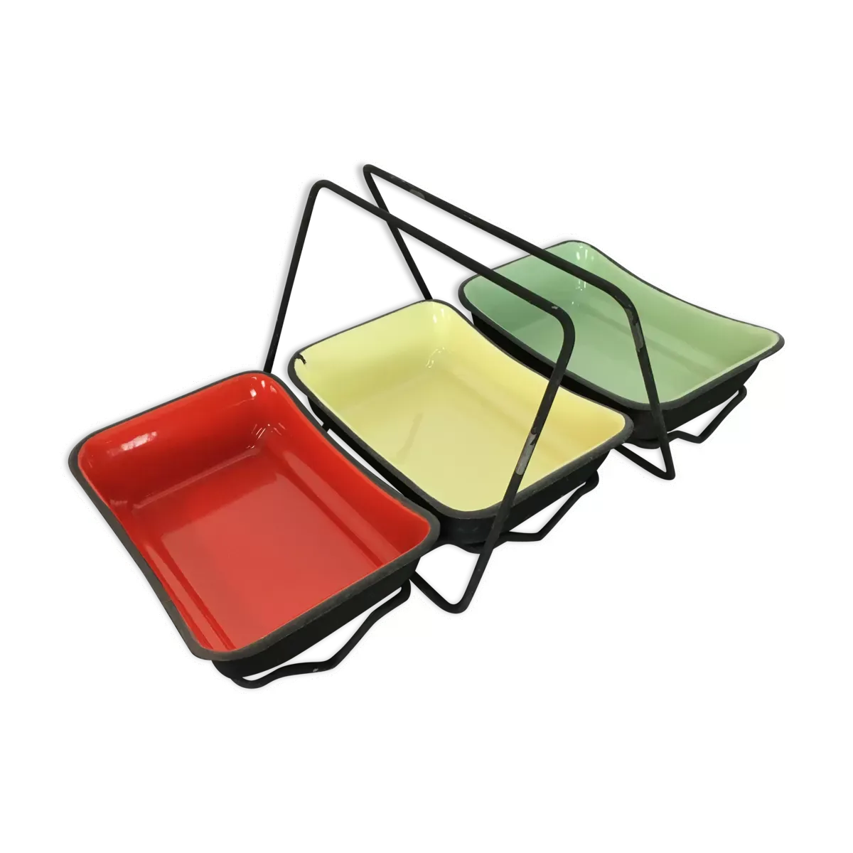 Service à apéritif en tôle émaillée colorée, coupelles, ramequins