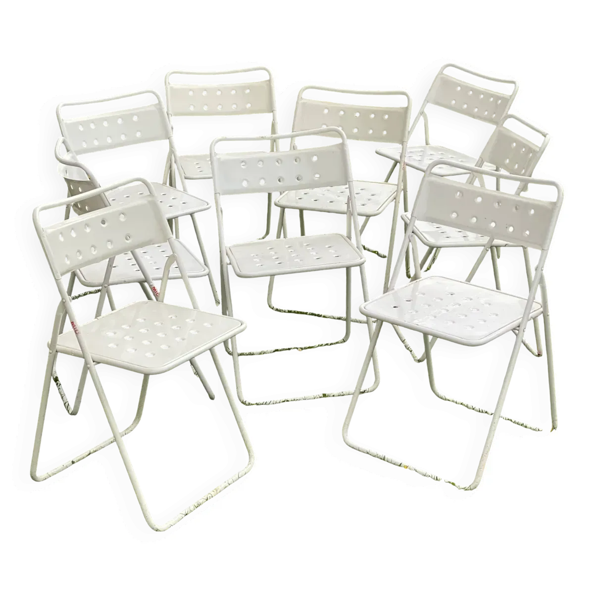 Ensemble de 9 chaises pliantes métal perforé vintage 1970-80