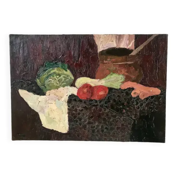 Tableau huile sur toile nature morte fruits 1950