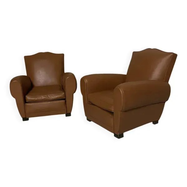 Paire de fauteuils vintage style club en simili cuir camel
