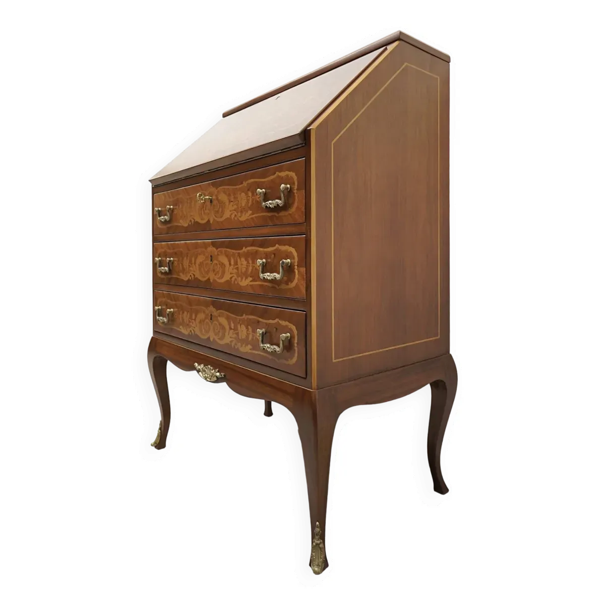 Bureau ancien et ancien, marqueterie. Après rénovation professionnelle.