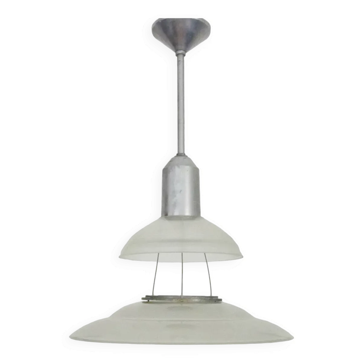 Lustre, Suspension Space Age Soucoupe Volante style Holophane industriel en verre. Années 70