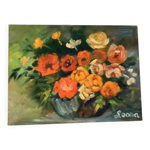 Tableau bouquet de fleurs huile sur toile signée