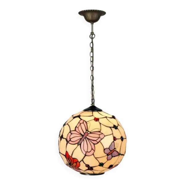 Lampe à suspension ronde Tiffany avec papillons