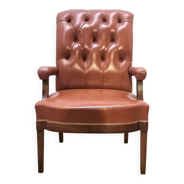 Fauteuil vintage en bois et cuir marron