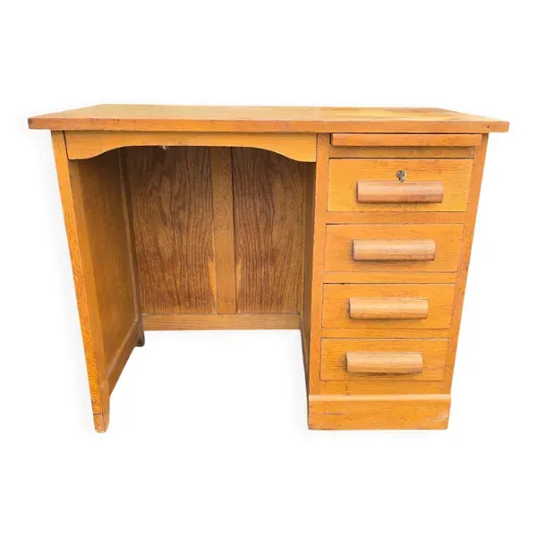 Bureau vintage en chêne clair avec caisson et tablette coulissante