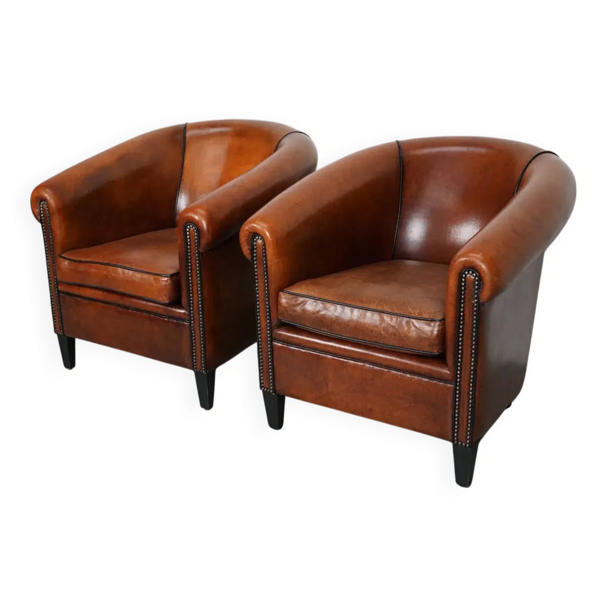 Fauteuil club vintage hollandais en cuir couleur cognac, lot de 2