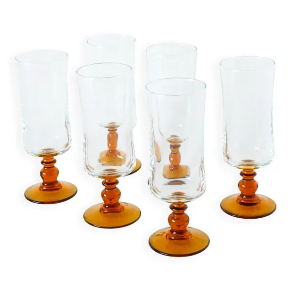 Lot de 6 flûtes à champagne à pieds ambré, 1970