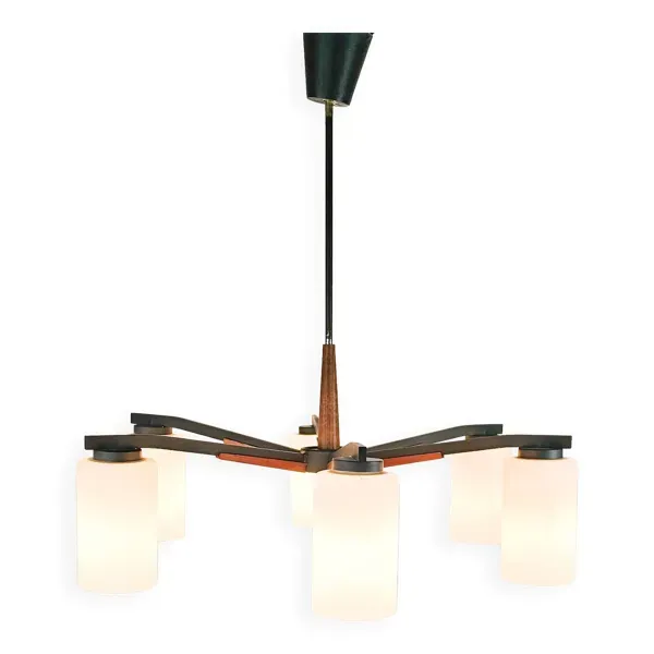 Vintage - Denemarken - Plafonlamp 6 armige - teck - métal - verre opalin - années 60