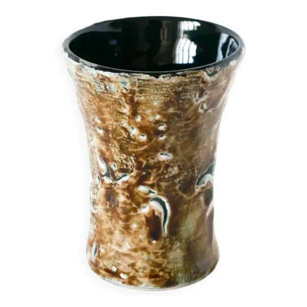 Petit vase en céramique, marron et blanc, 1970