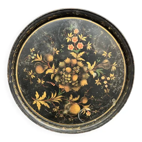Plateau rond 19e tôle peinte noire décor fruits et raisins (49 cm)