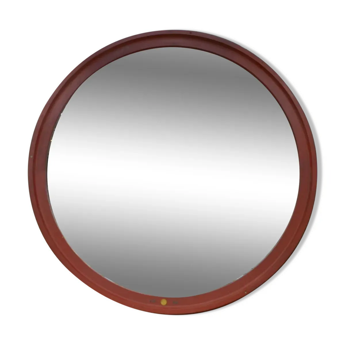 Grand miroir rond industriel en bois 1920
