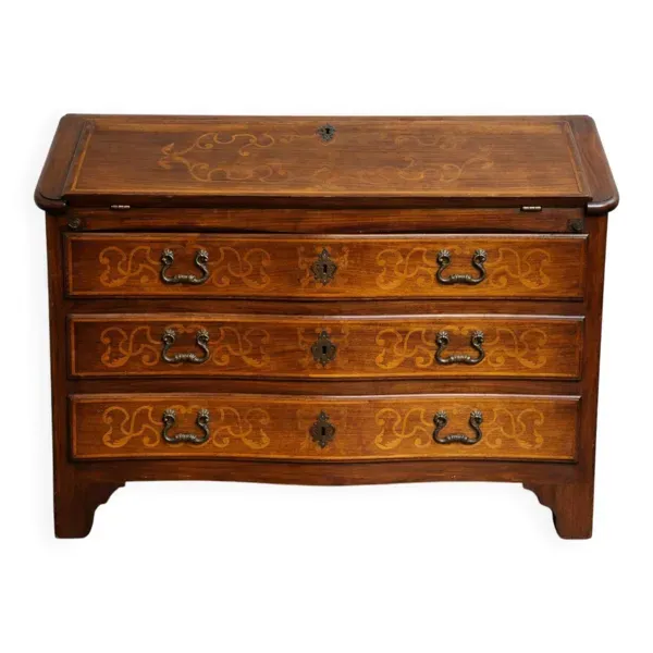 Commode scriban Piémontaise galbée en marqueterie