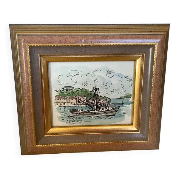 Tableau aquarelle signée bateau marine