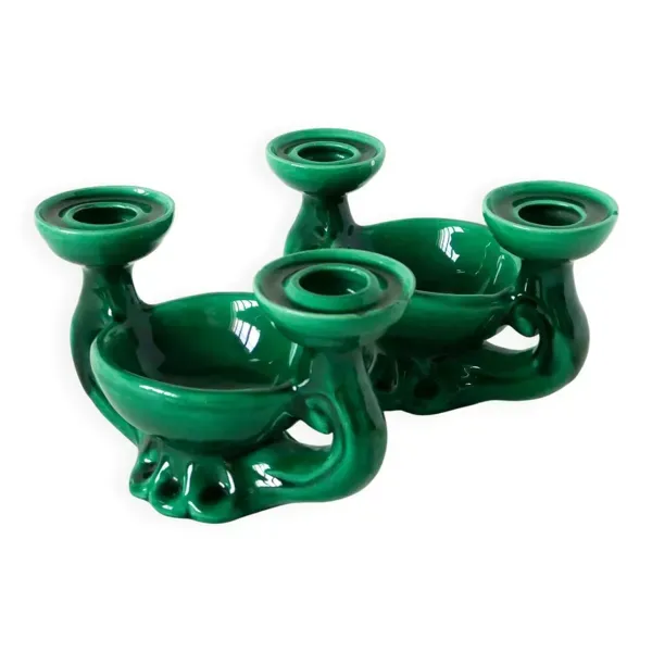 Paire de bougeoirs en céramique avec vide-poche intégré, vert, 1960