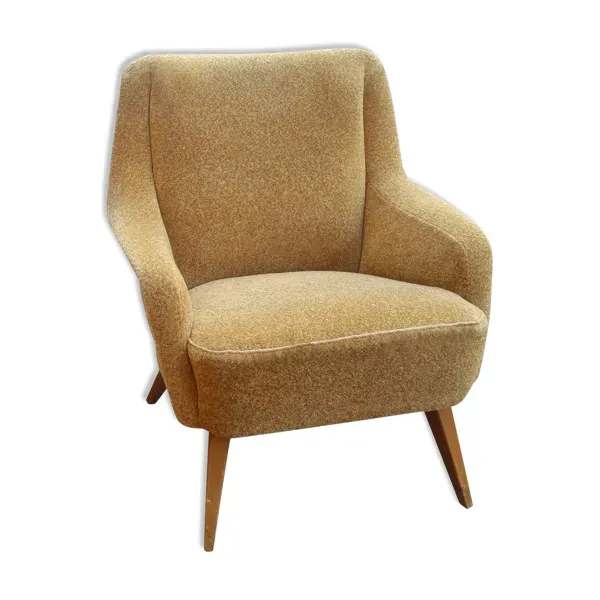 Fauteuil club danois accoudoir vague années 50/60 jaune beige