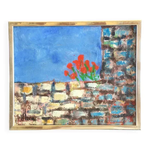 Huile sur toile ''Coquelicots sur le mur'' de Dominique LECA (1938)