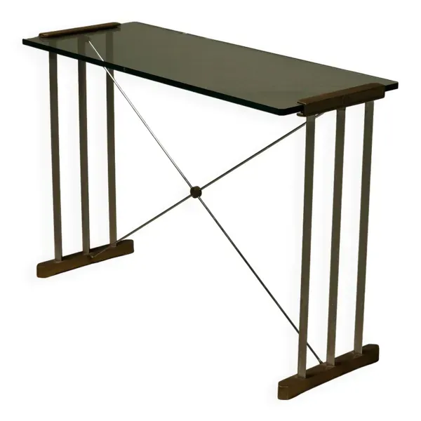 Table console en laiton, plateau en verre par Peter Ghyczy, années 1970