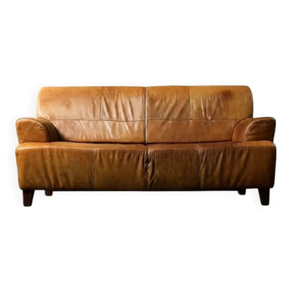 Canapé 3 places en cuir marron industriel vintage des années 1960, style mid-century modern