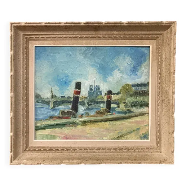Péniche parisienne à quai, huile sur toile marouflée