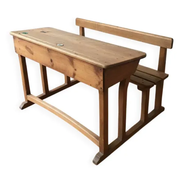 Bureau d'écolier en chêne début XXème avec ses encriers