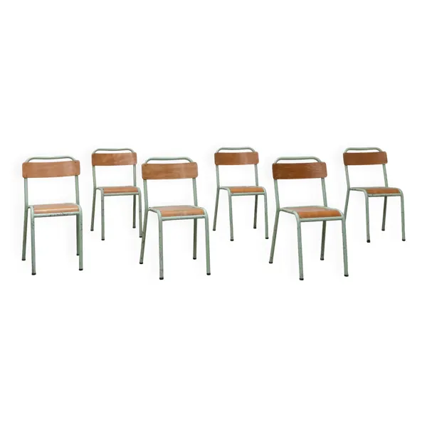Lot de 6 chaises d’école Mobiltube turquoise 1950