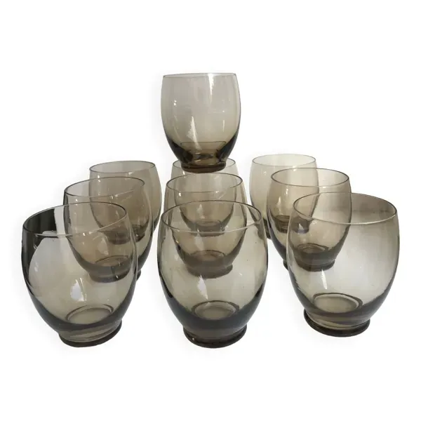 lot de 9 verres à eau design en verre fumé art déco années 30