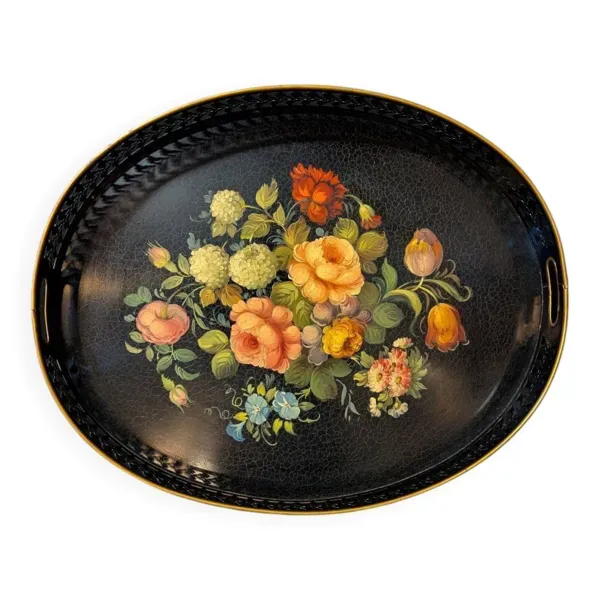 Grand plateau ovale en tôle peinte, style Napoléon III