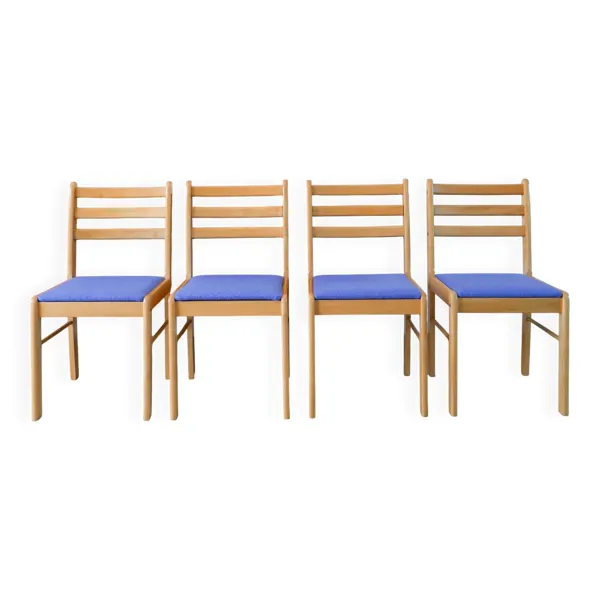 Ensemble de 4 chaises en pin massif, retapissées en laine, bleu océan, 1980