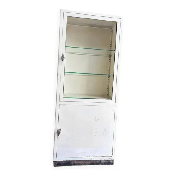 Armoire d'apothicaire industrielle vintage blanche / vitrine