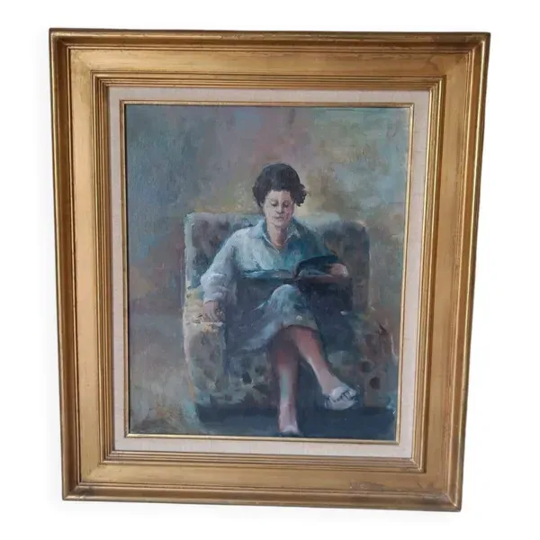 Huile sur toile : femme lisant dans un fauteuil, école française milieu XXème