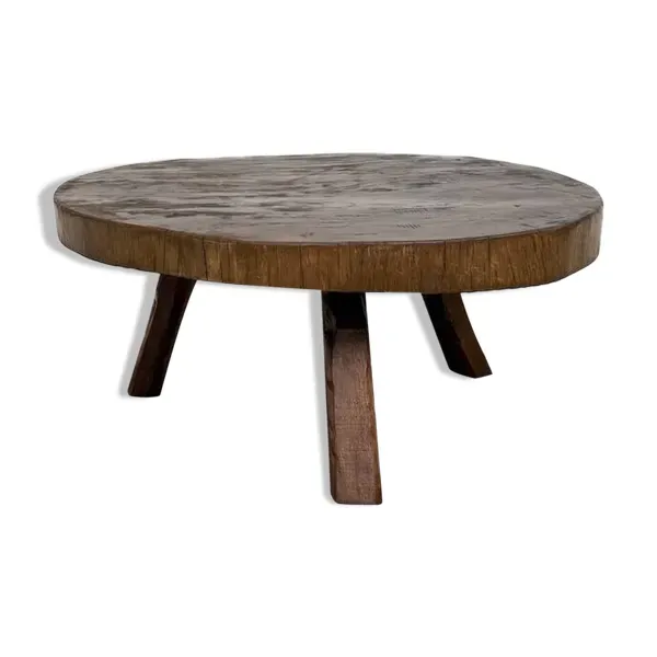 Table basse brutaliste en teck massif, slab monolithique, piètement tripode