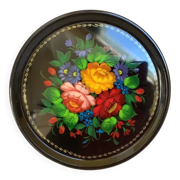 Plateau Russe en métal à décor de fleurs peintes, Beriozka