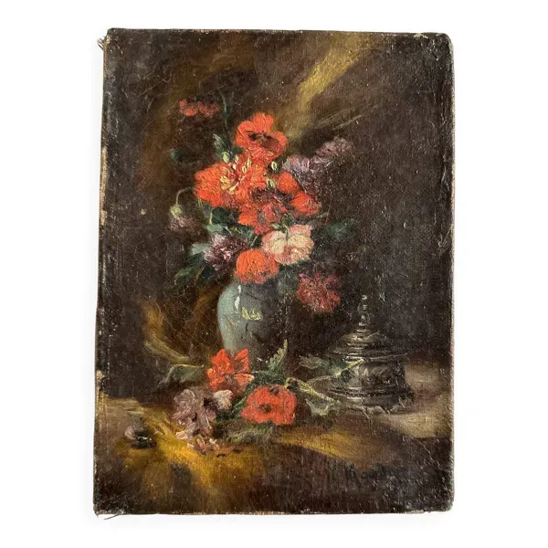 Nature morte miniature, peinture à l’huile signée du XIXe siècle, école fra