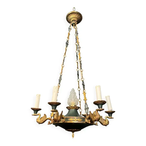 Lustre de style Empire en bronze, tôle verte et flamme en verre moulé