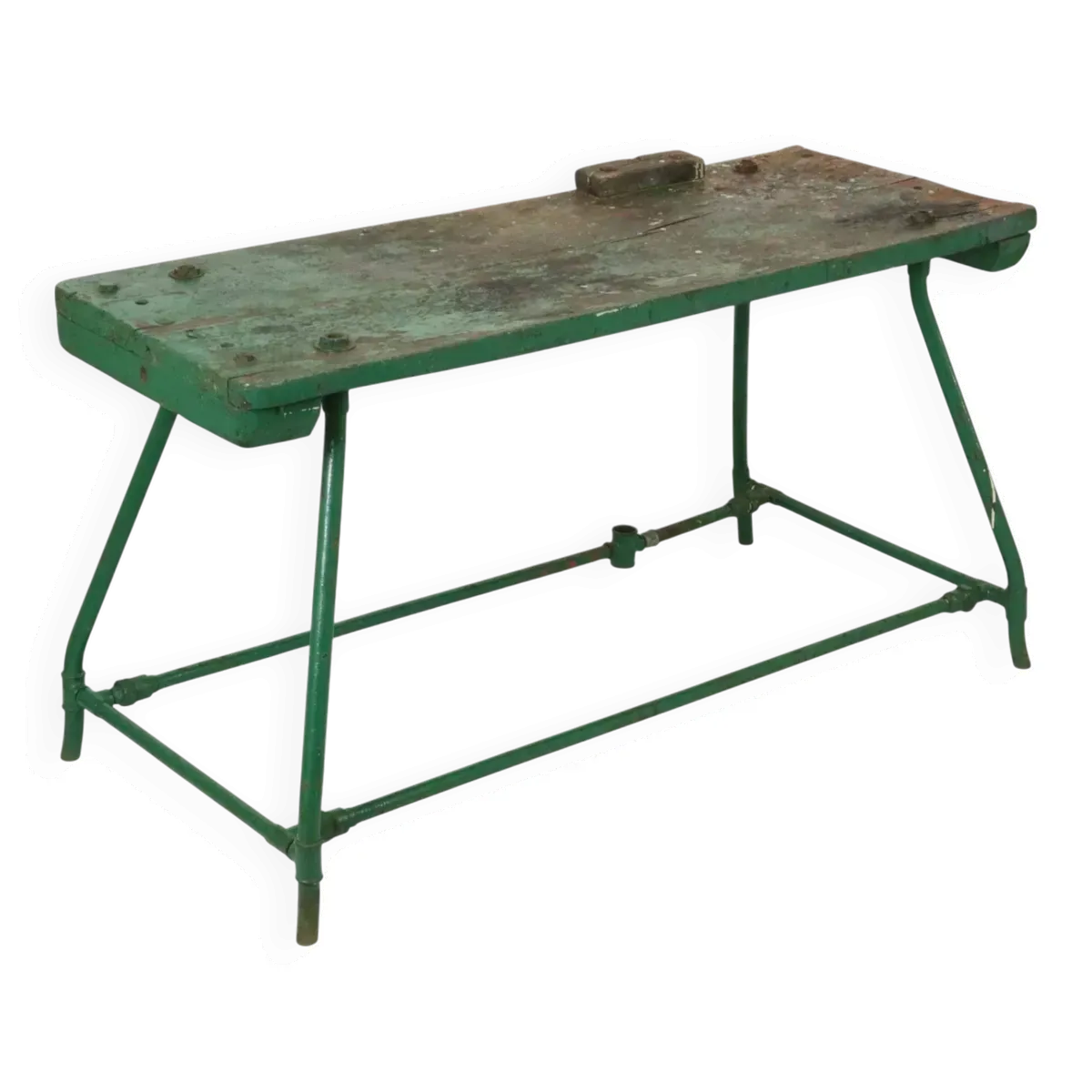 Établi industriel vert unique en bois et métal, 160 cm