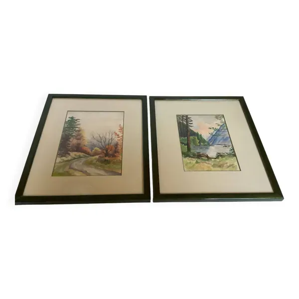 Paire de cadres à l'aquarelle paysages de nature